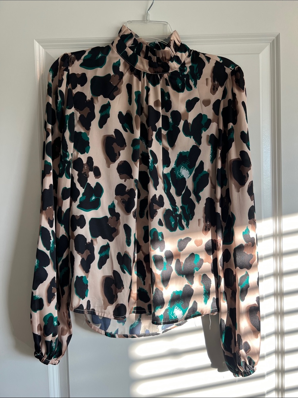 Neutral Leopard-Print Mock Neck Blouse - Women's Top